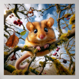 Póster Adorable Hazel Dormouse en un árbol de bosques
