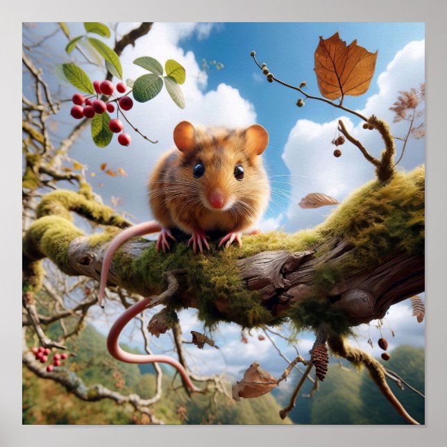 Póster Adorable Hazel Dormouse en un árbol de bosques (Frente)