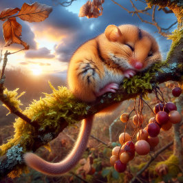 Póster Adorable Hazel Dormouse en un árbol de bosques