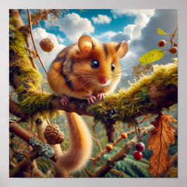 Póster Adorable Hazel Dormouse en un árbol de bosques