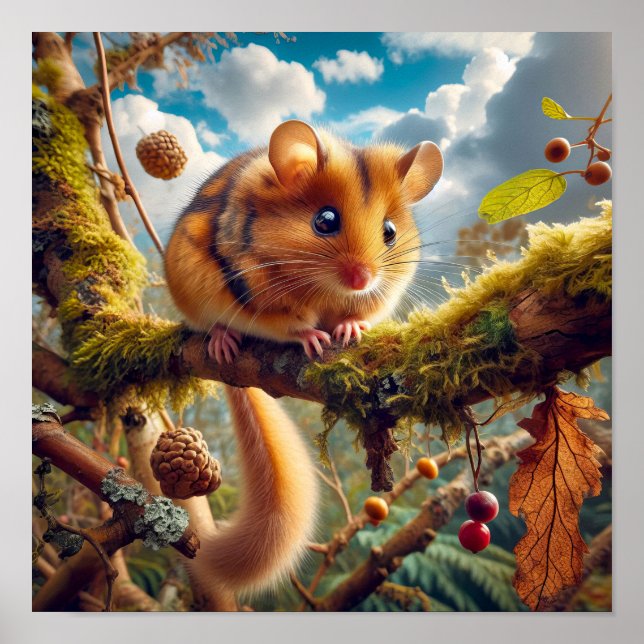 Póster Adorable Hazel Dormouse en un árbol de bosques (Frente)