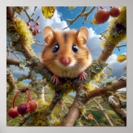 Póster Adorable Hazel Dormouse en un árbol de bosques
