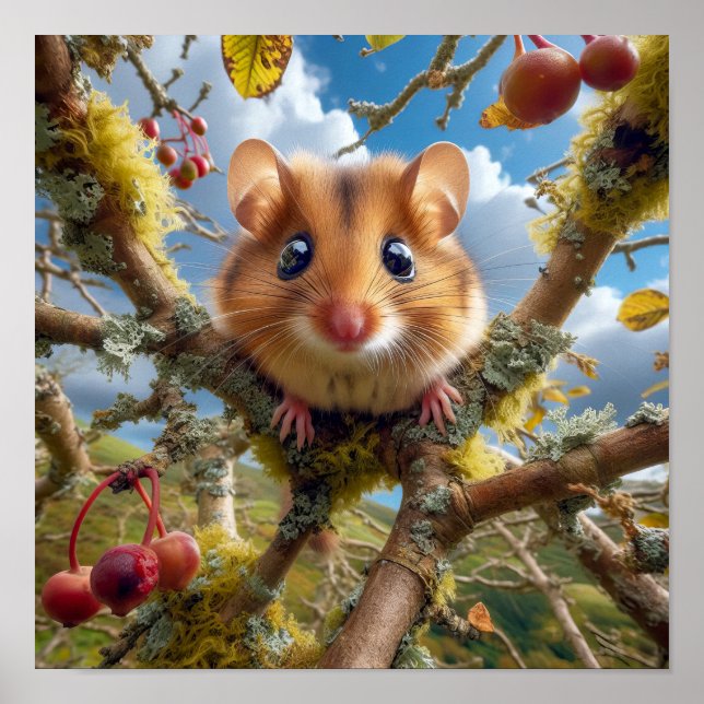 Póster Adorable Hazel Dormouse en un árbol de bosques (Frente)