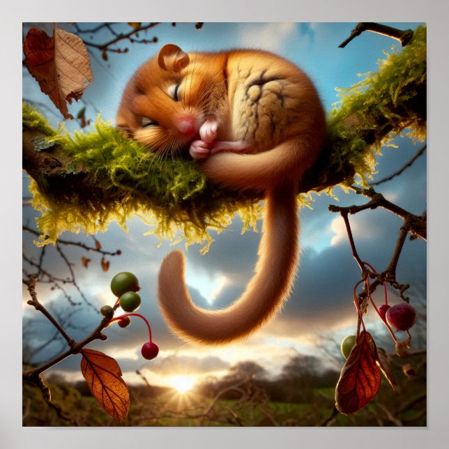 Póster Adorable Hazel Dormouse en un árbol de bosques (Frente)