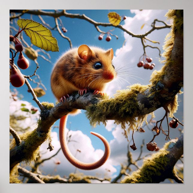 Póster Adorable Hazel Dormouse en un árbol de bosques (Frente)