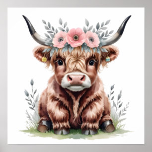 Póster Adorable huella de vaca en las tierras altas.