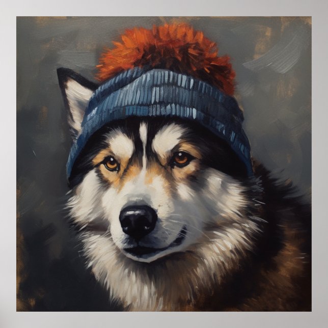Póster Adorable husky usando un lindo gorra de invierno (Frente)