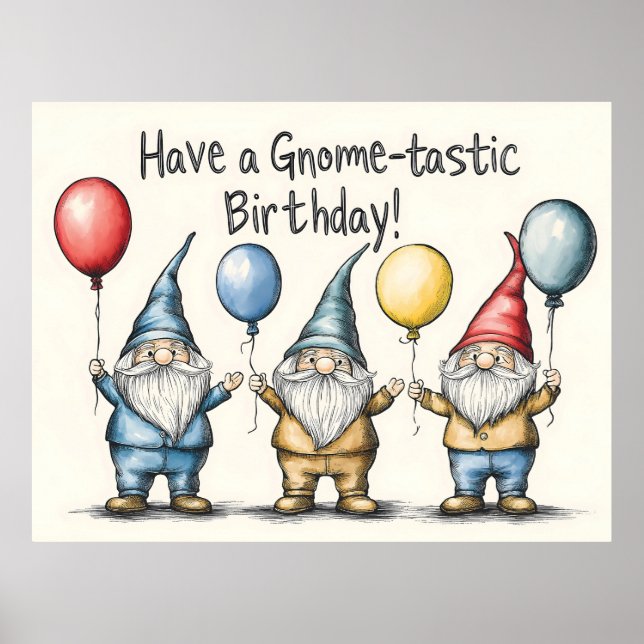 Póster Adorable Ilustracion de cumpleaños Gnome con globo (Frente)