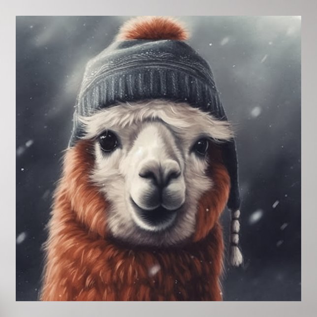 Póster Adorable jengibre alpaca con beanie (Frente)