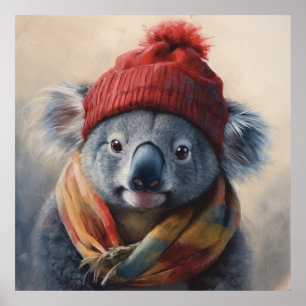 Póster Adorable koala usando adorable gorra de invierno