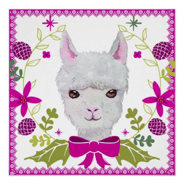 Póster Adorable Llama Bebé Blanca Con Rosa Fucsia Verde (Anverso)