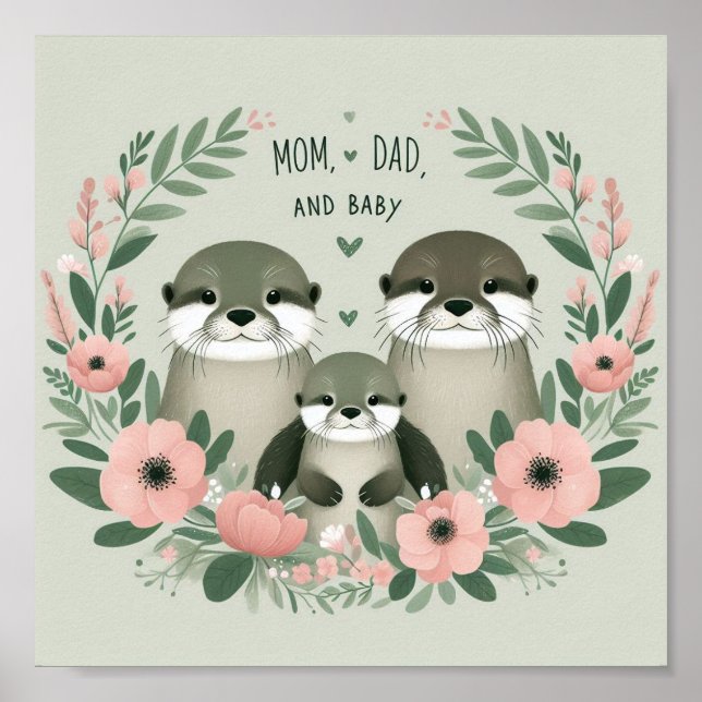 Póster Adorable Otter Boho Mamá papá y bebé (Frente)