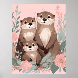 Póster Adorable Otter Boho Rosa Mamá papá y bebé