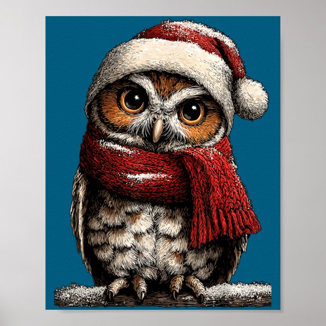 Póster Adorable Owl With Santa Hat Snowy Winter Christmas (Frente)