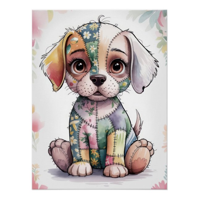 Póster Adorable Patchwork Puppy with Big Eyes - Whimsical (Anverso)