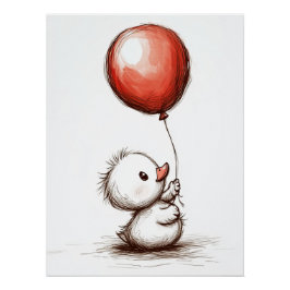 Póster Adorable Patito Peludo con Globo Rojo
