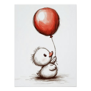 Póster Adorable Patito Peludo con Globo Rojo