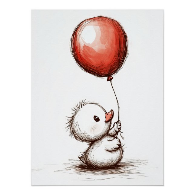 Póster Adorable Patito Peludo con Globo Rojo (Anverso)