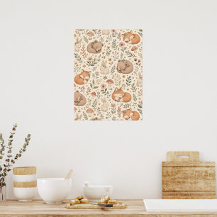 Póster Adorable patrón boho de animales del bosque durmie