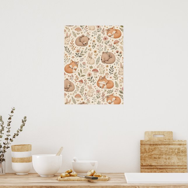 Póster Adorable patrón boho de animales del bosque durmie (Cocina)