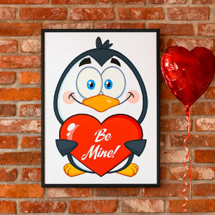 Póster Adorable Penguin Holding Be Mine Heart