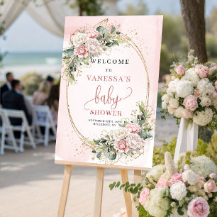 Póster Adorable Polvo Rosa Floral Eucalipto Baby Shower 