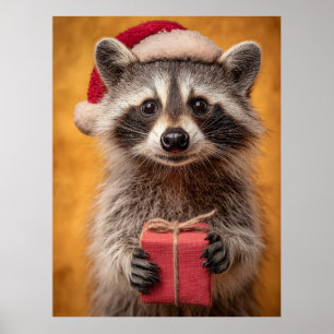 Póster Adorable Raccoon en un Sombrero de Santa que sosti