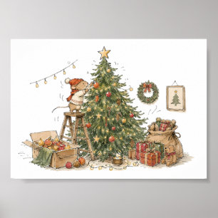 Póster Adorable ratón decorando árbol de Navidad para Lo