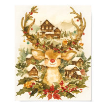 Adorable Reno de Navidad Aguarela Vintage