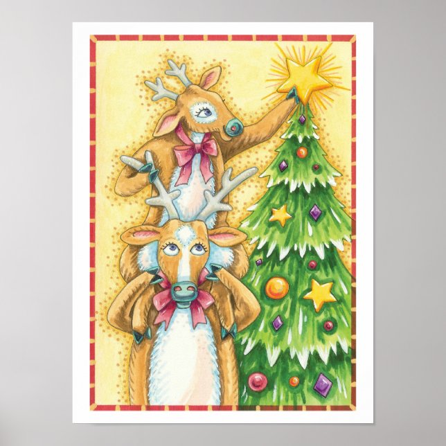 Póster Adorable Reno de Navidad con Estrella de Árbol de  (Frente)