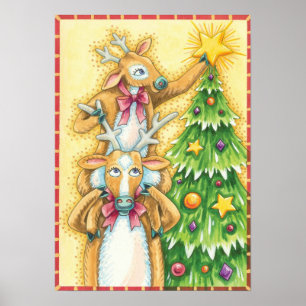 Póster Adorable Reno de Navidad con Estrella de Árbol de 