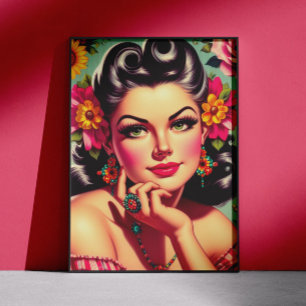 Póster Adorable retrato floral de chica pin-up