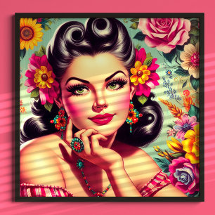Póster Adorable retrato floral pin-up retro