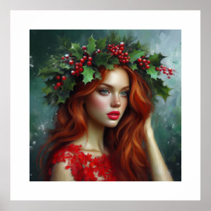 Póster Adorable Señora de Rojo con Hojas de Acebo 
