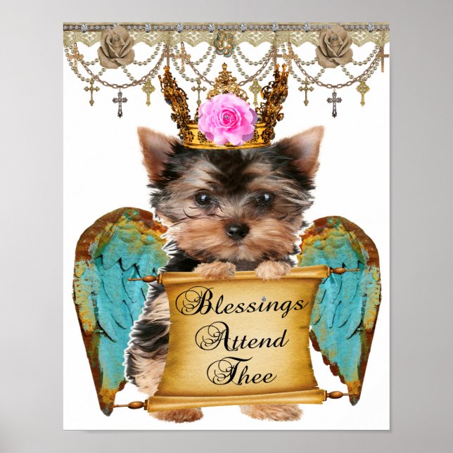 Póster Adorable Shabby Chic Yorkie Puppy Dog Angel (Frente)