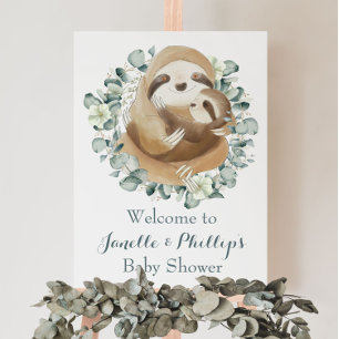 Póster Adorable Sloth Baby Shower Eucalyptus Greenery