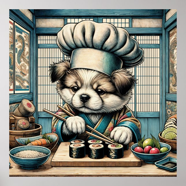 Póster Adorable Sushi Chef Puppy (Frente)