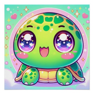 Póster Adorable tortuga Kawaii