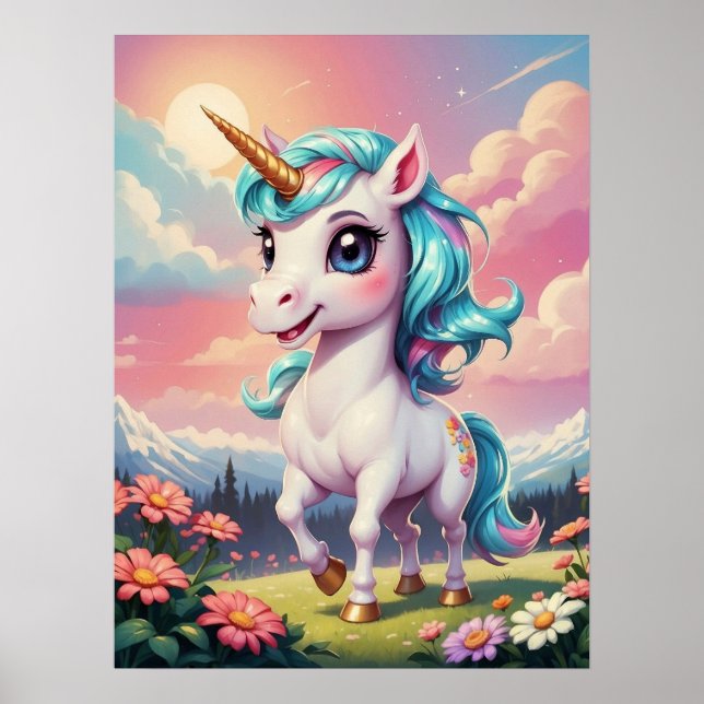 Póster Adorable unicornio caprichoso en el jardín (Frente)