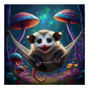 Póster Adorable Whimsical Opossum Psychedelpie Hippie