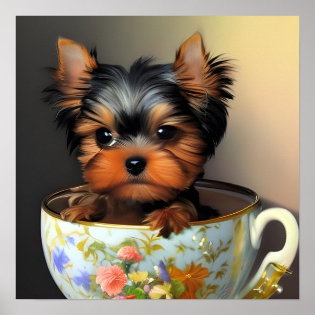 Póster Adorable Yorkie En Una Pintura Digital De Teacup (Frente)
