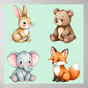 Póster Adorables Animales Bebés del Bosque Pastel Acuarel