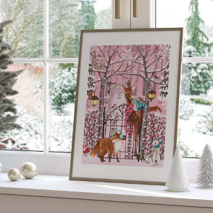 Póster Adorables Animales de Bosque Invernal Rosa Fiesta