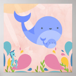 Póster Adorables ballenas azules en la escena de un bebé 