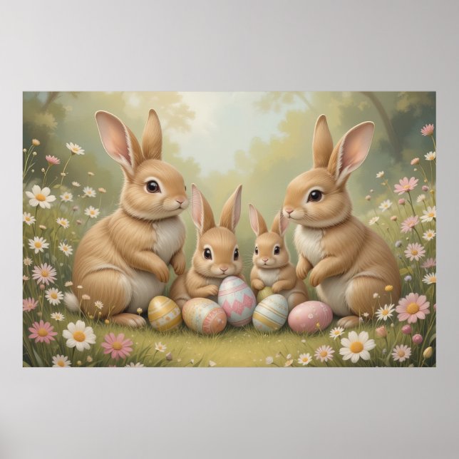 Póster Adorables conejitos de Pascua en prado Primaveral  (Frente)