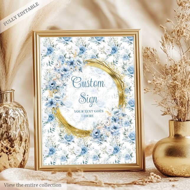 Póster Adorables flores azul pastel oro boho signo person (Adorable pastel blue flowers gold boho custom sign)