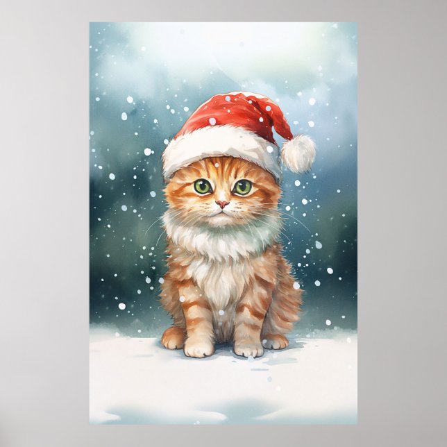 Póster Adorables Navidades Ginger Cat Kitten En La Nieve (Frente)