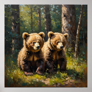 Póster Adorables oseznos gemelos en un despeje forestal i