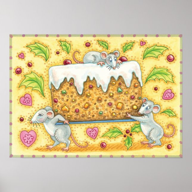 Póster Adorables ratones de Navidad llevando un postre de (Frente)