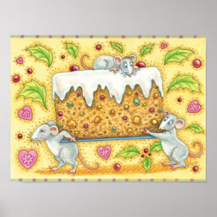 Póster Adorables ratones de Navidad llevando un postre de